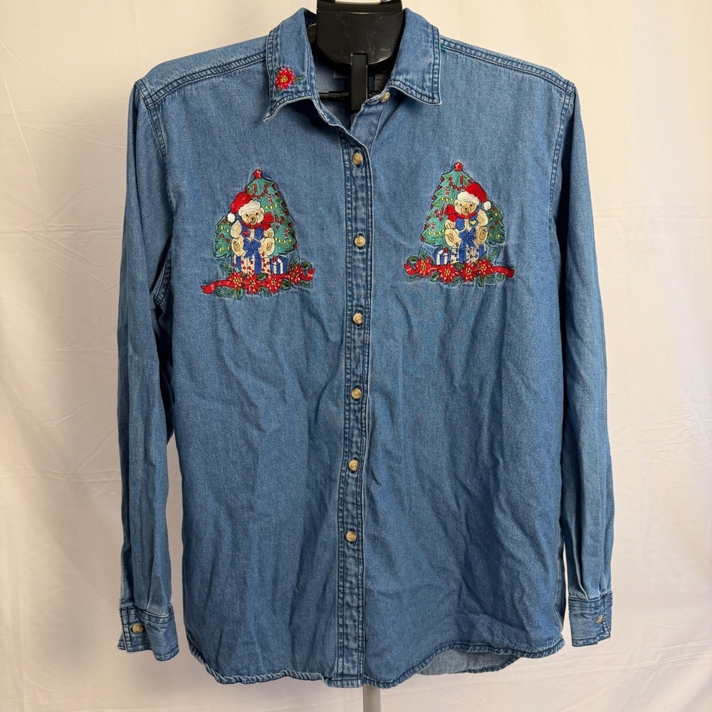 Vintage Denim Christmas Shirt Teddy Bear Holiday‎ Button Down Long Sleeve